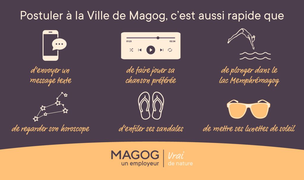 Diaporama d'accueil - Campagne de recrutement des emplois d'été : Postuler à la Ville de Magog, c'est aussi rapide que...